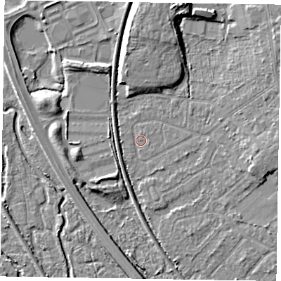 Shaded relief map of the ground around GU152TF, computed from Environment Agency LiDAR. The ground here sits at about 60 m above sea level and falls 10 m across the surrounding 800 m. Surface water reaching this point runs off ground lying to the east-north-east, 5.8 m higher.