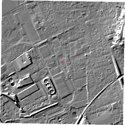 Shaded relief map of the ground around GU153AD, computed from Environment Agency LiDAR. The ground here sits at about 62 m above sea level and falls 20 m across the surrounding 800 m. Surface water reaching this point runs off ground lying to the east, 2.3 m higher.