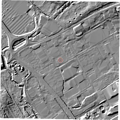 Shaded relief map of the ground around GU153BN, computed from Environment Agency LiDAR. The ground here sits at about 60 m above sea level and falls 11 m across the surrounding 800 m. The ground contributing surface water to this point lies to the north.