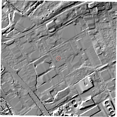 Shaded relief map of the ground around GU153BS, computed from Environment Agency LiDAR. The ground here sits at about 60 m above sea level and falls 11 m across the surrounding 800 m. Surface water reaching this point runs off ground lying to the north, 0.6 m higher.