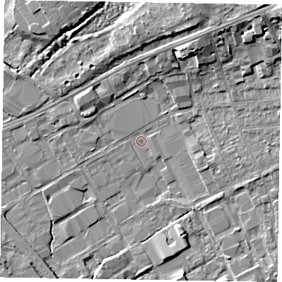 Shaded relief map of the ground around GU153BT, computed from Environment Agency LiDAR. The ground here sits at about 60 m above sea level and falls 16 m across the surrounding 800 m. Surface water reaching this point runs off ground lying to the north-east, 14.3 m higher.