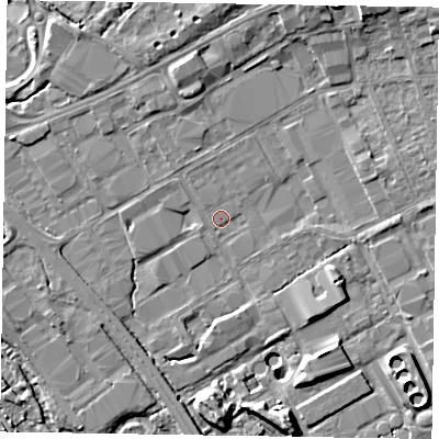 Shaded relief map of the ground around GU153BU, computed from Environment Agency LiDAR. The ground here sits at about 60 m above sea level and falls 10 m across the surrounding 800 m. Surface water reaching this point runs off ground lying to the north-north-west, 1.7 m higher.