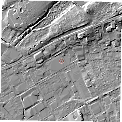 Shaded relief map of the ground around GU153BW, computed from Environment Agency LiDAR. The ground here sits at about 61 m above sea level and falls 19 m across the surrounding 800 m. Surface water reaching this point runs off ground lying to the east, 0.7 m higher.