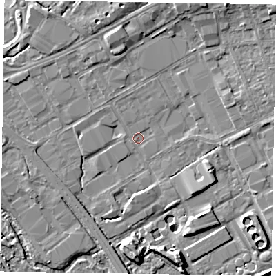 Shaded relief map of the ground around GU153DB, computed from Environment Agency LiDAR. The ground here sits at about 60 m above sea level and falls 9 m across the surrounding 800 m. Surface water reaching this point runs off ground lying to the north-east, 5.0 m higher.