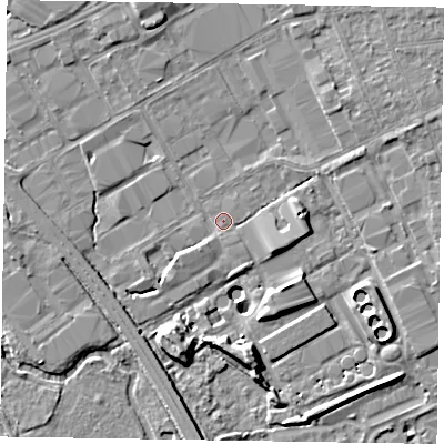 Shaded relief map of the ground around GU153DF, computed from Environment Agency LiDAR. The ground here sits at about 60 m above sea level and falls 9 m across the surrounding 800 m. Surface water reaching this point runs off ground lying to the east, 3.4 m higher.