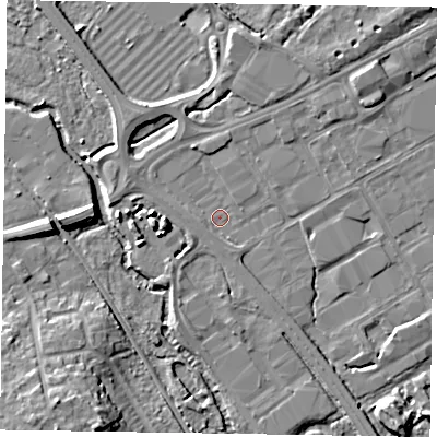 Shaded relief map of the ground around GU153DH, computed from Environment Agency LiDAR. The ground here sits at about 59 m above sea level and falls 12 m across the surrounding 800 m. Surface water reaching this point runs off ground lying to the south-south-east, 1.3 m higher.