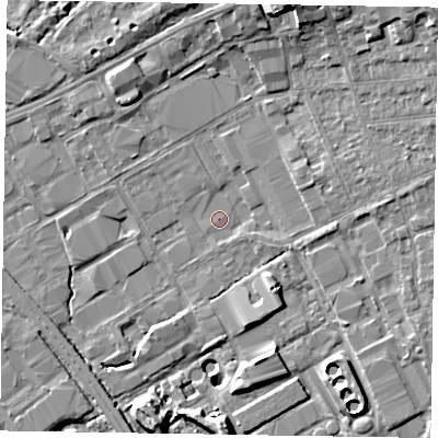 Shaded relief map of the ground around GU153DN, computed from Environment Agency LiDAR. The ground here sits at about 60 m above sea level and falls 11 m across the surrounding 800 m. Surface water reaching this point runs off ground lying to the east, 3.4 m higher.
