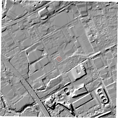 Shaded relief map of the ground around GU153HA, computed from Environment Agency LiDAR. The ground here sits at about 60 m above sea level and falls 9 m across the surrounding 800 m. The ground contributing surface water to this point lies to the east-north-east.