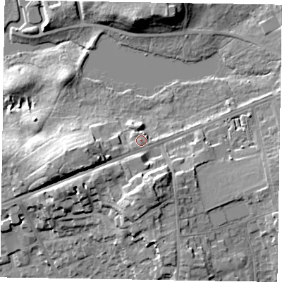 Shaded relief map of the ground around GU153JP, computed from Environment Agency LiDAR. The ground here sits at about 76 m above sea level and falls 22 m across the surrounding 800 m. Surface water reaching this point runs off ground lying to the west-south-west, 8.7 m higher.