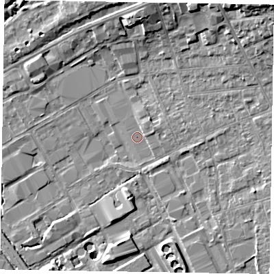 Shaded relief map of the ground around GU153LB, computed from Environment Agency LiDAR. The ground here sits at about 61 m above sea level and falls 16 m across the surrounding 800 m. Surface water reaching this point runs off ground lying to the east-north-east, 1.6 m higher.
