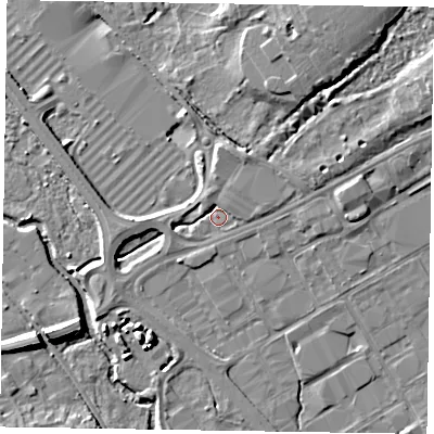Shaded relief map of the ground around GU153UF, computed from Environment Agency LiDAR. The ground here sits at about 60 m above sea level and falls 9 m across the surrounding 800 m. Surface water reaching this point runs off ground lying to the north-east, 8.1 m higher.