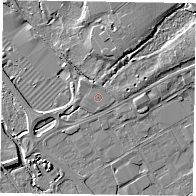 Shaded relief map of the ground around GU153XS, computed from Environment Agency LiDAR. The ground here sits at about 61 m above sea level and falls 11 m across the surrounding 800 m. Surface water reaching this point runs off ground lying to the east, 0.7 m higher.