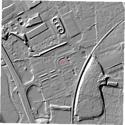 Shaded relief map of the ground around GU153YL, computed from Environment Agency LiDAR. The ground here sits at about 60 m above sea level and falls 12 m across the surrounding 800 m. Surface water reaching this point runs off ground lying to the east-north-east, 4.2 m higher.