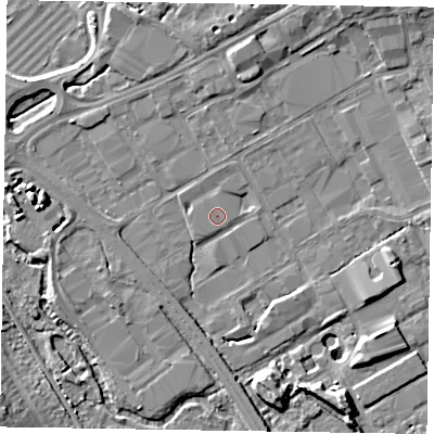 Shaded relief map of the ground around GU153YT, computed from Environment Agency LiDAR. The ground here sits at about 60 m above sea level and falls 9 m across the surrounding 800 m. The ground contributing surface water to this point lies to the north.
