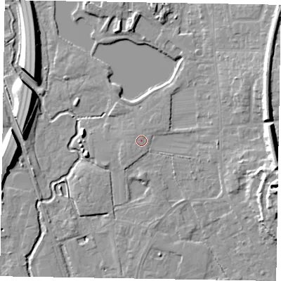 Shaded relief map of the ground around GU166AQ, computed from Environment Agency LiDAR. The ground here sits at about 68 m above sea level and falls 14 m across the surrounding 800 m. Surface water reaching this point runs off ground lying to the south-west, 0.6 m higher.