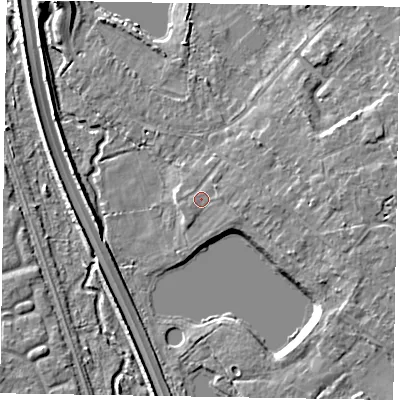 Shaded relief map of the ground around GU166AU, computed from Environment Agency LiDAR. The ground here sits at about 66 m above sea level and falls 8 m across the surrounding 800 m. Surface water reaching this point runs off ground lying to the east, 1.7 m higher.