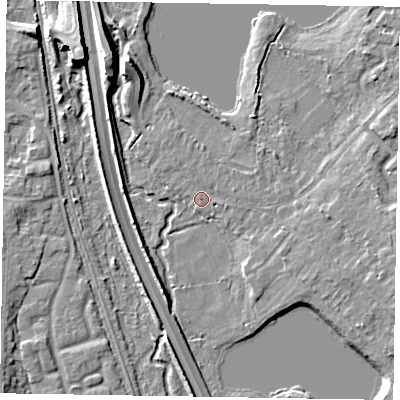 Shaded relief map of the ground around GU166DW, computed from Environment Agency LiDAR. The ground here sits at about 65 m above sea level and falls 9 m across the surrounding 800 m. Surface water reaching this point runs off ground lying to the east, 0.9 m higher.