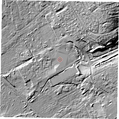 Shaded relief map of the ground around GU167AJ, computed from Environment Agency LiDAR. The ground here sits at about 64 m above sea level and falls 23 m across the surrounding 800 m. Surface water reaching this point runs off ground lying to the east-north-east, 3.0 m higher.