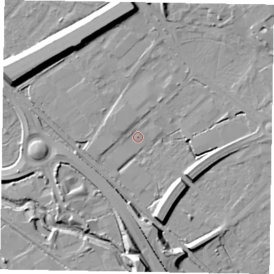 Shaded relief map of the ground around GU167AL, computed from Environment Agency LiDAR. The ground here sits at about 62 m above sea level and falls 12 m across the surrounding 800 m. Surface water reaching this point runs off ground lying to the north-north-west, 1.9 m higher.