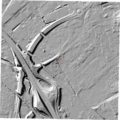 Shaded relief map of the ground around GU167AX, computed from Environment Agency LiDAR. The ground here sits at about 62 m above sea level and falls 10 m across the surrounding 800 m. Surface water reaching this point runs off ground lying to the west, 4.4 m higher.