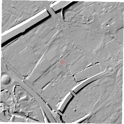 Shaded relief map of the ground around GU167AY, computed from Environment Agency LiDAR. The ground here sits at about 62 m above sea level and falls 13 m across the surrounding 800 m. Surface water reaching this point runs off ground lying to the north-north-west, 0.8 m higher.