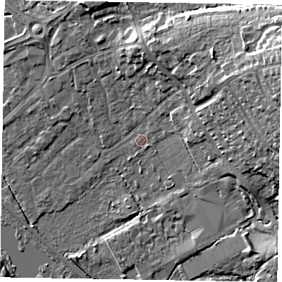 Shaded relief map of the ground around GU167DU, computed from Environment Agency LiDAR. The ground here sits at about 64 m above sea level and falls 18 m across the surrounding 800 m. Surface water reaching this point runs off ground lying to the north-east, 1.1 m higher.