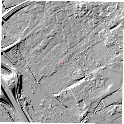Shaded relief map of the ground around GU167EE, computed from Environment Agency LiDAR. The ground here sits at about 62 m above sea level and falls 13 m across the surrounding 800 m. Surface water reaching this point runs off ground lying to the east-north-east, 11.0 m higher.