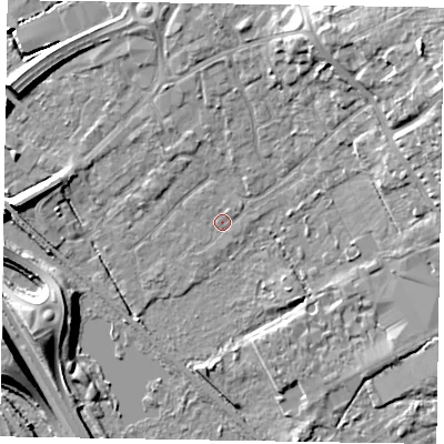 Shaded relief map of the ground around GU167EF, computed from Environment Agency LiDAR. The ground here sits at about 62 m above sea level and falls 13 m across the surrounding 800 m. Surface water reaching this point runs off ground lying to the east-north-east, 1.5 m higher.