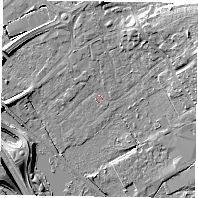 Shaded relief map of the ground around GU167EG, computed from Environment Agency LiDAR. The ground here sits at about 63 m above sea level and falls 13 m across the surrounding 800 m. Surface water reaching this point runs off ground lying to the north-east, 11.2 m higher.