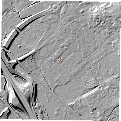 Shaded relief map of the ground around GU167EH, computed from Environment Agency LiDAR. The ground here sits at about 62 m above sea level and falls 12 m across the surrounding 800 m. Surface water reaching this point runs off ground lying to the north-east, 9.2 m higher.