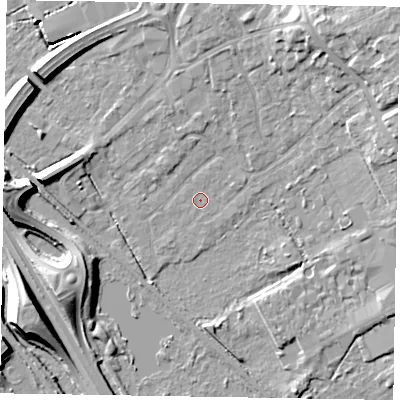 Shaded relief map of the ground around GU167EJ, computed from Environment Agency LiDAR. The ground here sits at about 62 m above sea level and falls 12 m across the surrounding 800 m. Surface water reaching this point runs off ground lying to the east-north-east, 1.5 m higher.