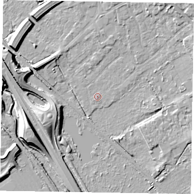 Shaded relief map of the ground around GU167EL, computed from Environment Agency LiDAR. The ground here sits at about 62 m above sea level and falls 11 m across the surrounding 800 m. Surface water reaching this point runs off ground lying to the east-north-east, 5.4 m higher.
