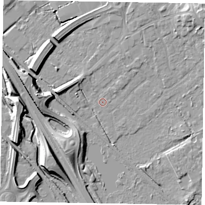 Shaded relief map of the ground around GU167EN, computed from Environment Agency LiDAR. The ground here sits at about 62 m above sea level and falls 11 m across the surrounding 800 m. Surface water reaching this point runs off ground lying to the west-north-west, 6.3 m higher.