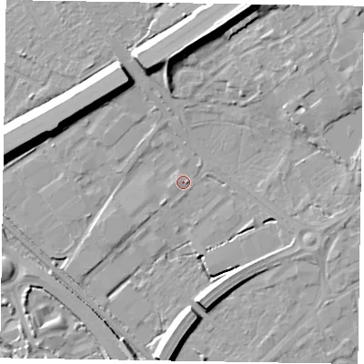 Shaded relief map of the ground around GU167ER, computed from Environment Agency LiDAR. The ground here sits at about 63 m above sea level and falls 15 m across the surrounding 800 m. Surface water reaching this point runs off ground lying to the east, 1.0 m higher.
