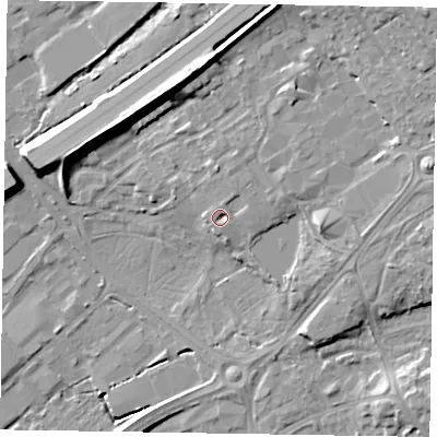 Shaded relief map of the ground around GU167HD, computed from Environment Agency LiDAR. The ground here sits at about 67 m above sea level and falls 17 m across the surrounding 800 m. Surface water reaching this point runs off ground lying to the north-east, 8.7 m higher.