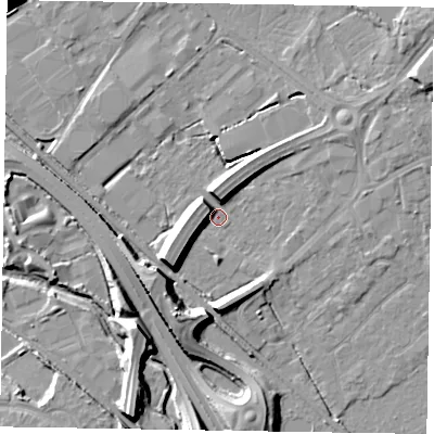 Shaded relief map of the ground around GU167HE, computed from Environment Agency LiDAR. The ground here sits at about 62 m above sea level and falls 11 m across the surrounding 800 m. Surface water reaching this point runs off ground lying to the south-west, 7.7 m higher.