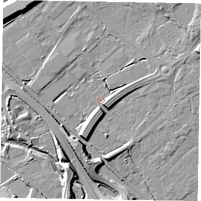 Shaded relief map of the ground around GU167HF, computed from Environment Agency LiDAR. The ground here sits at about 62 m above sea level and falls 11 m across the surrounding 800 m. Surface water reaching this point runs off ground lying to the south-south-west, 7.7 m higher.