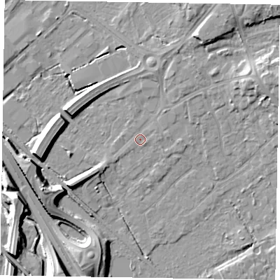 Shaded relief map of the ground around GU167HJ, computed from Environment Agency LiDAR. The ground here sits at about 63 m above sea level and falls 11 m across the surrounding 800 m. Surface water reaching this point runs off ground lying to the east, 0.9 m higher.