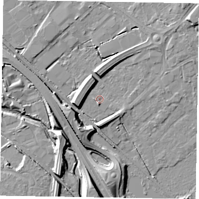 Shaded relief map of the ground around GU167JG, computed from Environment Agency LiDAR. The ground here sits at about 62 m above sea level and falls 11 m across the surrounding 800 m. Surface water reaching this point runs off ground lying to the south, 7.1 m higher.
