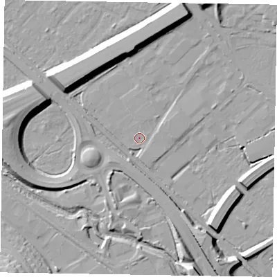 Shaded relief map of the ground around GU167PG, computed from Environment Agency LiDAR. The ground here sits at about 61 m above sea level and falls 12 m across the surrounding 800 m. Surface water reaching this point runs off ground lying to the north-north-east, 10.6 m higher.