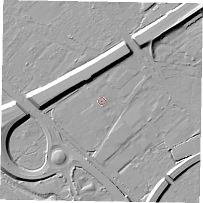 Shaded relief map of the ground around GU167PL, computed from Environment Agency LiDAR. The ground here sits at about 62 m above sea level and falls 16 m across the surrounding 800 m. The ground contributing surface water to this point lies to the south-east.