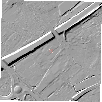 Shaded relief map of the ground around GU167PN, computed from Environment Agency LiDAR. The ground here sits at about 63 m above sea level and falls 16 m across the surrounding 800 m. Surface water reaching this point runs off ground lying to the north, 0.6 m higher.