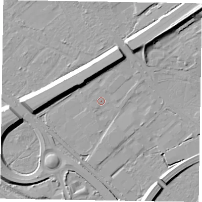 Shaded relief map of the ground around GU167QQ, computed from Environment Agency LiDAR. The ground here sits at about 62 m above sea level and falls 16 m across the surrounding 800 m. The ground contributing surface water to this point lies to the south-west.