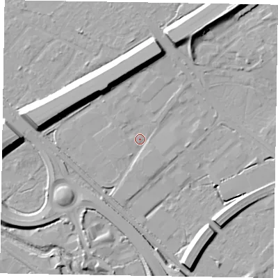 Shaded relief map of the ground around GU167QR, computed from Environment Agency LiDAR. The ground here sits at about 62 m above sea level and falls 14 m across the surrounding 800 m. Surface water reaching this point runs off ground lying to the north-north-east, 9.2 m higher.