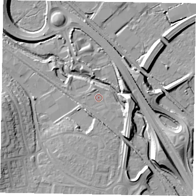 Shaded relief map of the ground around GU167SG, computed from Environment Agency LiDAR. The ground here sits at about 63 m above sea level and falls 13 m across the surrounding 800 m. Surface water reaching this point runs off ground lying to the south-east, 6.6 m higher.