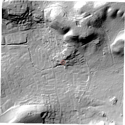 Shaded relief map of the ground around GU168UT, computed from Environment Agency LiDAR. The ground here sits at about 81 m above sea level and falls 36 m across the surrounding 800 m. Surface water reaching this point runs off ground lying to the north-north-east, 11.5 m higher.