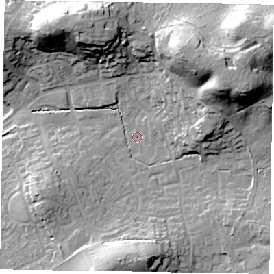 Shaded relief map of the ground around GU168YL, computed from Environment Agency LiDAR. The ground here sits at about 74 m above sea level and falls 37 m across the surrounding 800 m. Surface water reaching this point runs off ground lying to the east-north-east, 30.1 m higher.