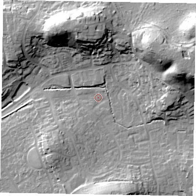 Shaded relief map of the ground around GU168YX, computed from Environment Agency LiDAR. The ground here sits at about 73 m above sea level and falls 37 m across the surrounding 800 m. Surface water reaching this point runs off ground lying to the south-south-west, 2.2 m higher.