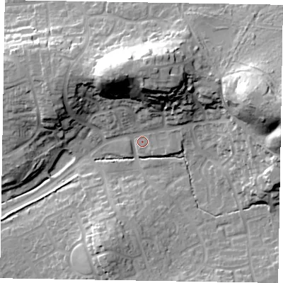 Shaded relief map of the ground around GU169AR, computed from Environment Agency LiDAR. The ground here sits at about 74 m above sea level and falls 37 m across the surrounding 800 m. Surface water reaching this point runs off ground lying to the north-north-east, 26.0 m higher.