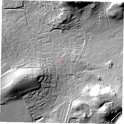 Shaded relief map of the ground around GU169UU, computed from Environment Agency LiDAR. The ground here sits at about 79 m above sea level and falls 34 m across the surrounding 800 m. Surface water reaching this point runs off ground lying to the east-north-east, 1.3 m higher.